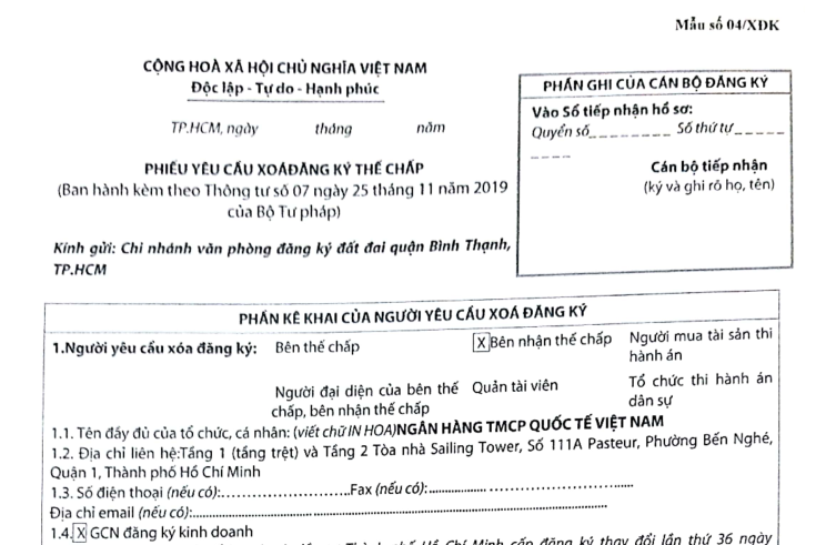 HỒ SƠ, THỦ TỤC XÓA THẾ CHẤP TẠI QUẬN BÌNH THẠNH Phieu yeu cau xoa the chap - HỒ SƠ, THỦ TỤC XÓA THẾ CHẤP TẠI QUẬN BÌNH THẠNH
